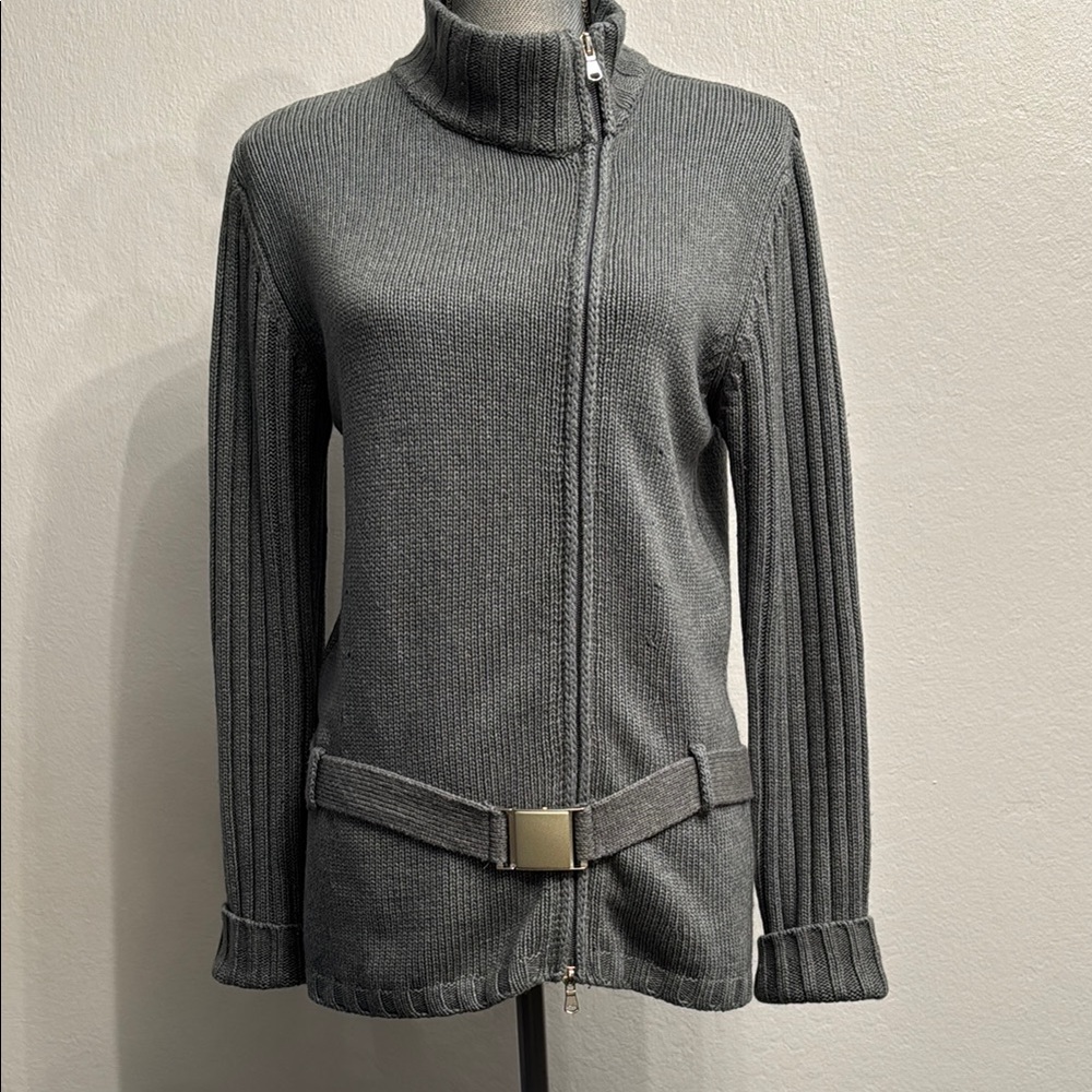Benetton Wool Grey Knitted Women's zip up Cardigan Sweater with Belt Size M